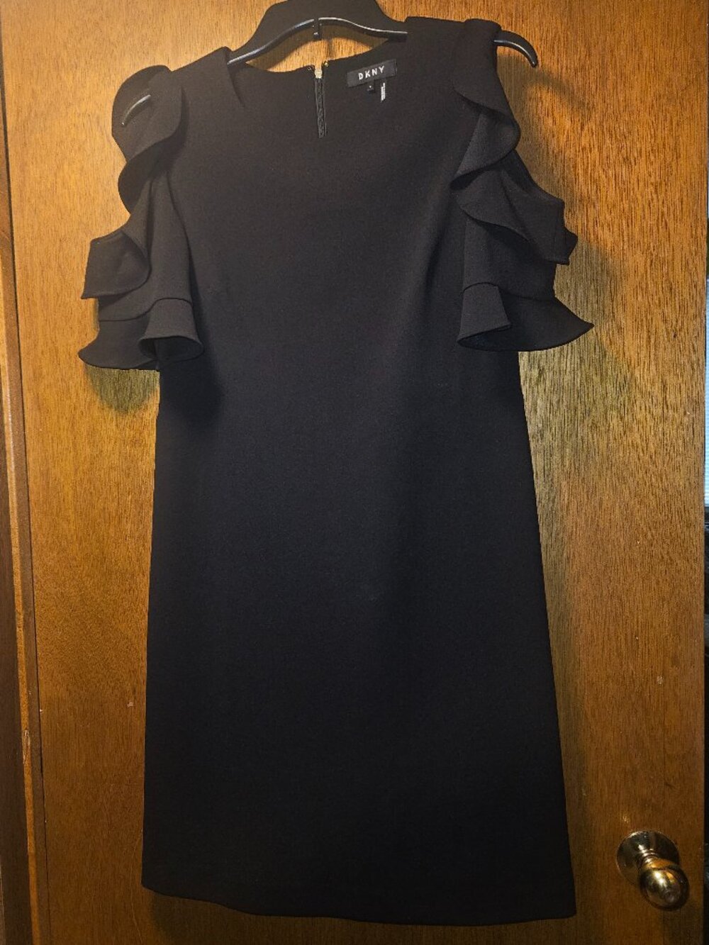 DKNY Black Ruffle Cold Shoulder Sheath Mini Dress - Size 8